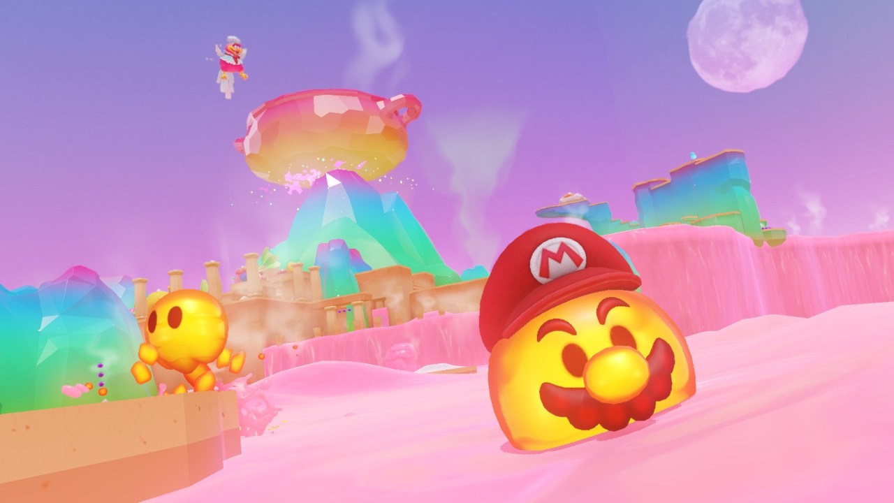 A lava bubble captured by Mario jumps out of candy lava in the colorful luncheon kindom.