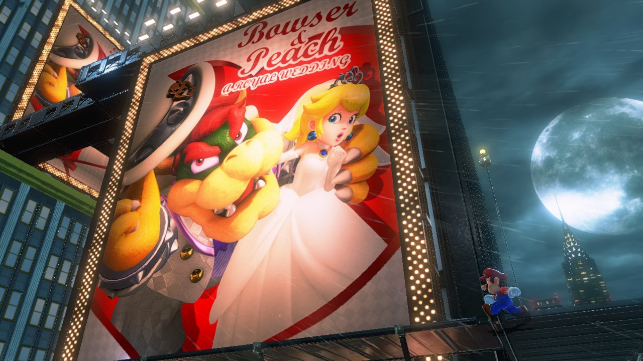 Mario running in front of a billboard advertising Bowser and Peach's wedding.