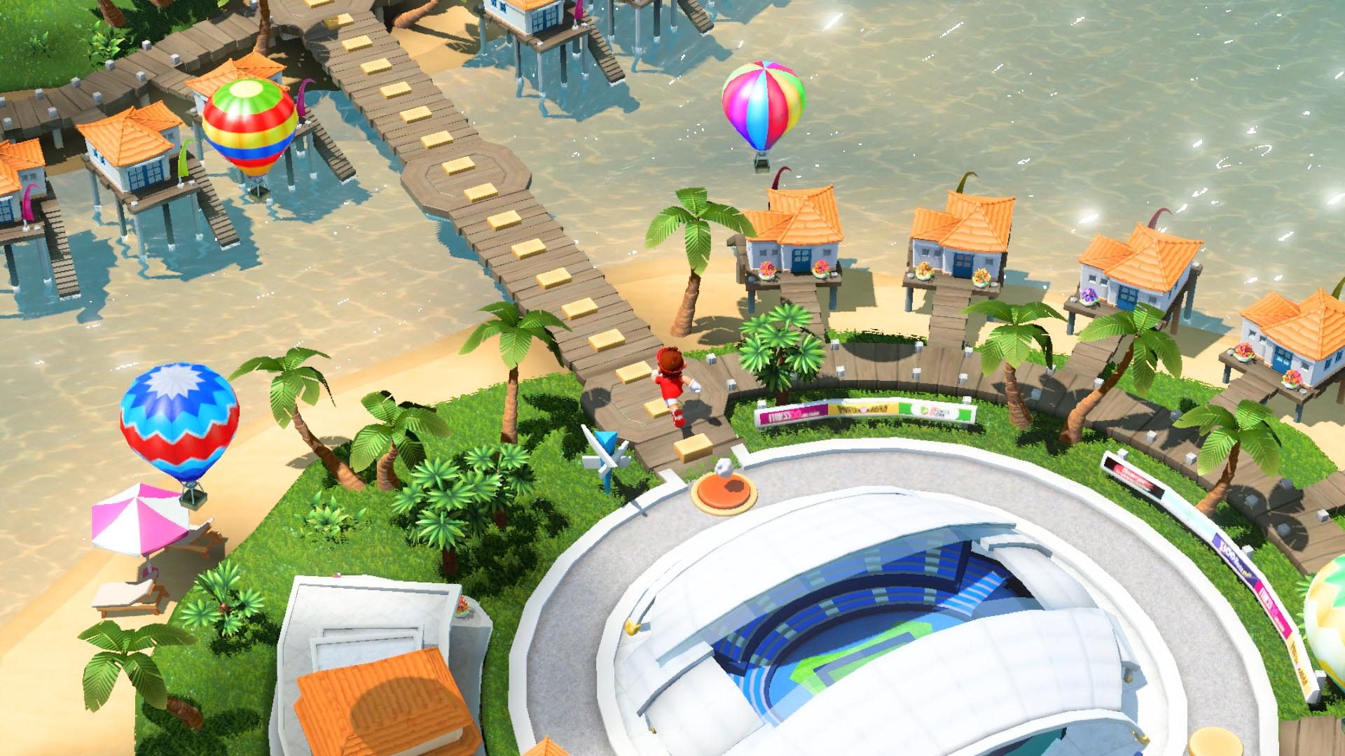 The starting area of the adventure mode is a big pretty stadium on a marina.
