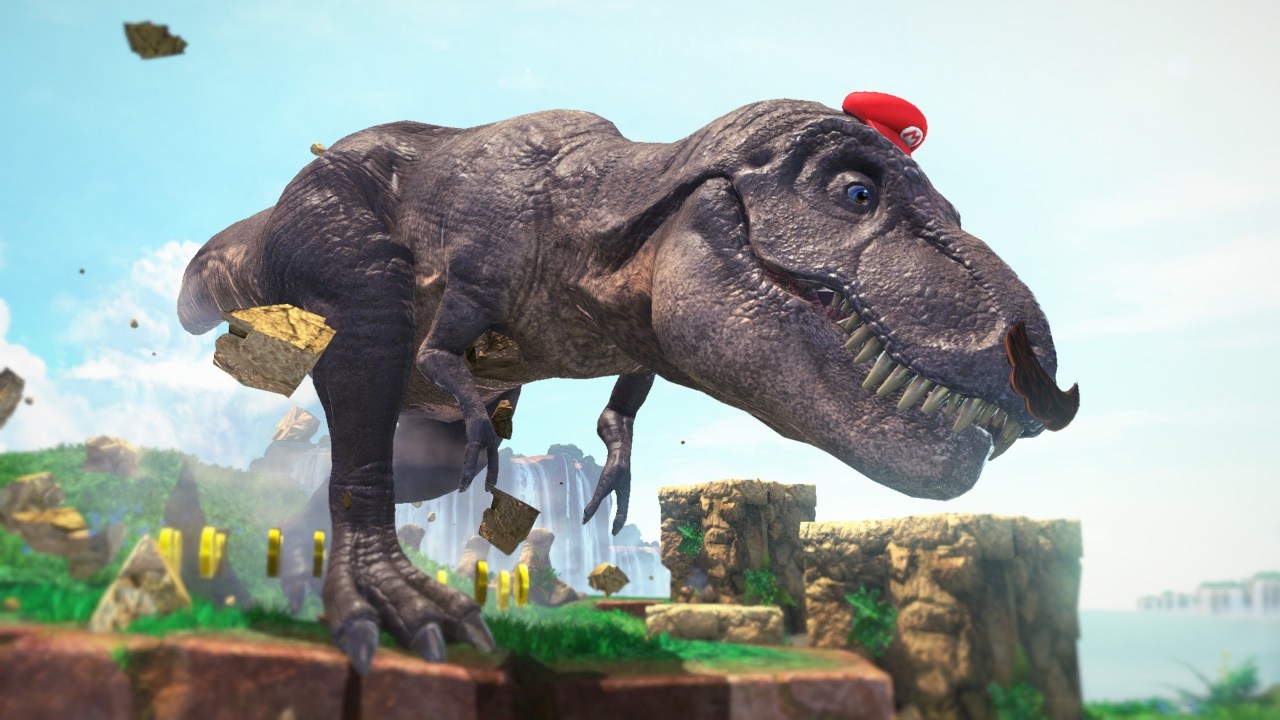 Dinosaur Mario in a prehistoric land.