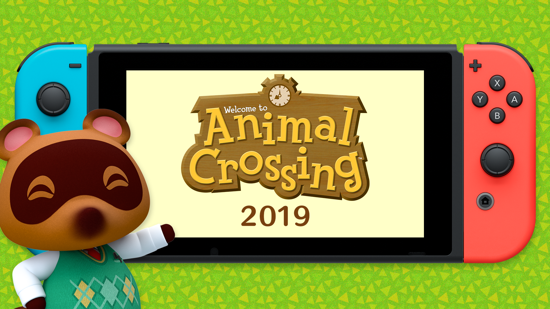 Image of the Switch screen with the Animal Crossing logo and 2019 written below it, with Tom Nook in front.