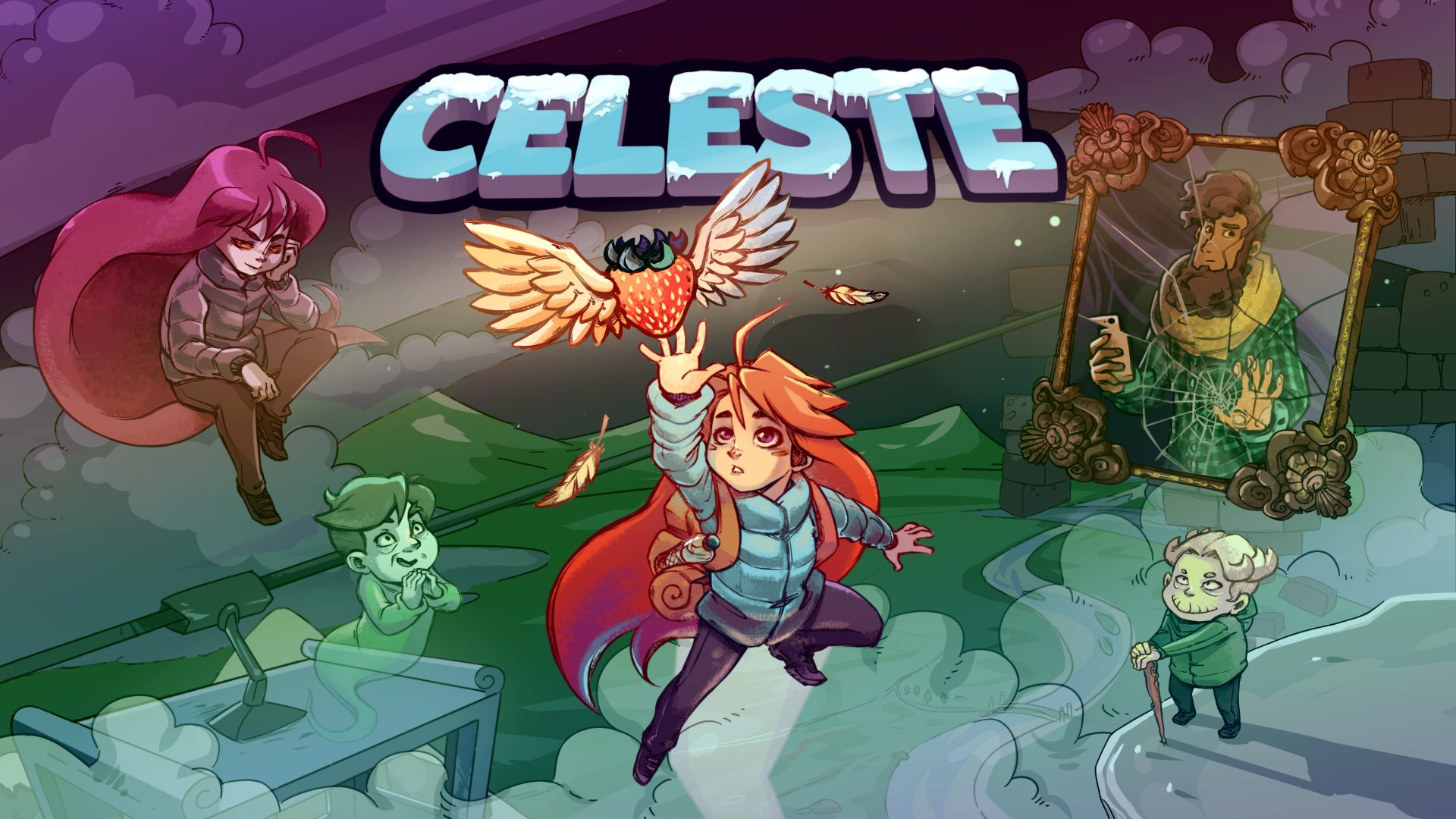 Logo image of the Celeste game, showing the main characters in scenes from the game