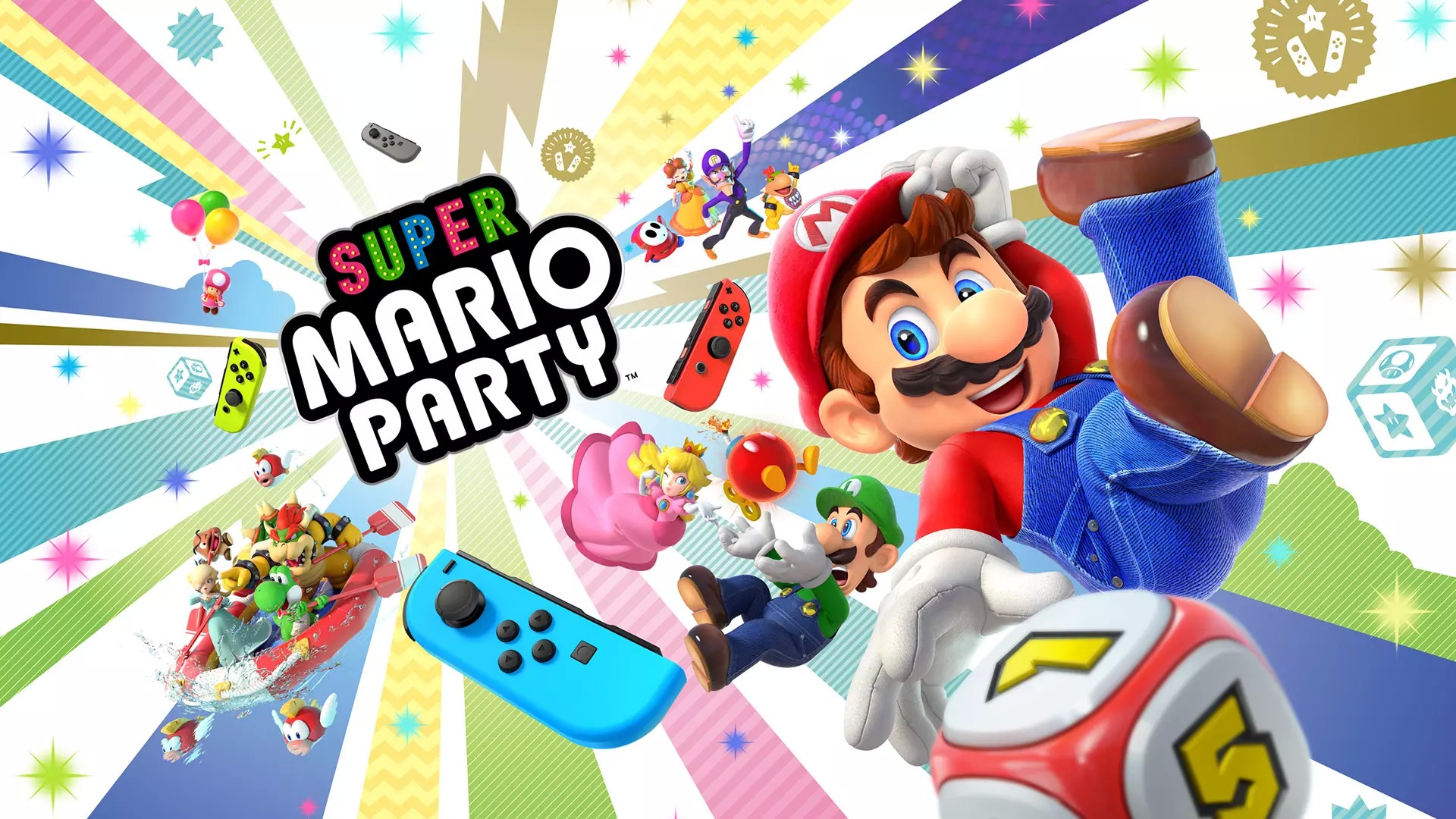 Logo image of Super Mario Party, showing aspects of the game including dice and controllers
