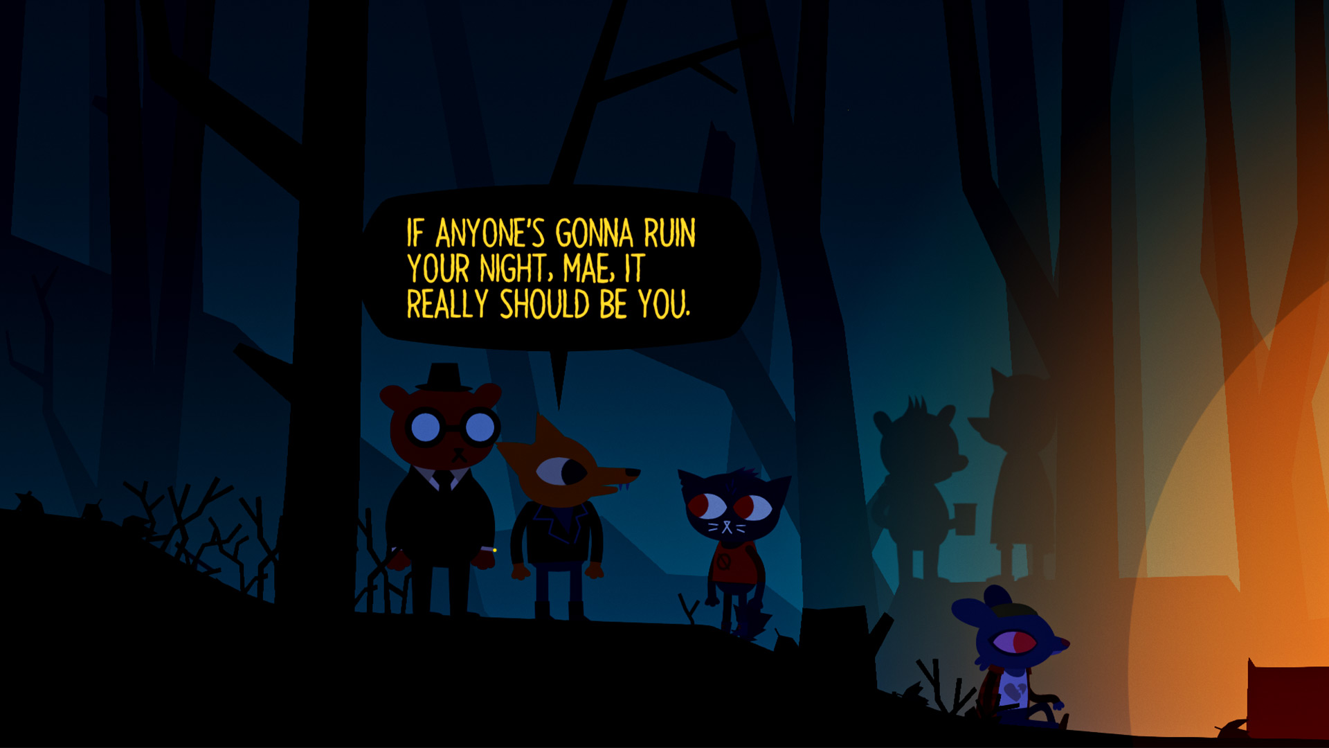 'If anyone's gonna ruin your night, Mae, it really should be you' Greg, an orange fox, says to the protagonist of Night in the Woods.