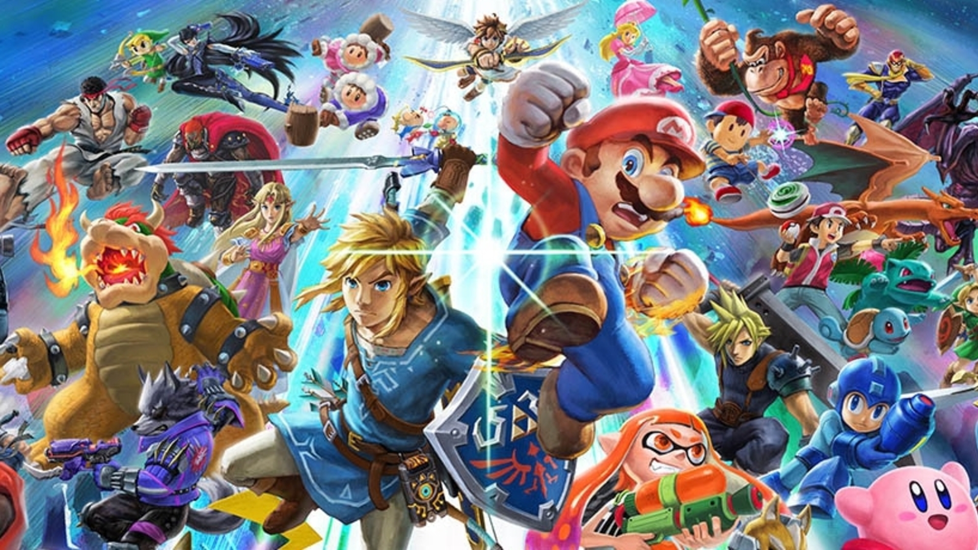 Promo art of Super Smash Bros Ultimate, showing many of the characters
