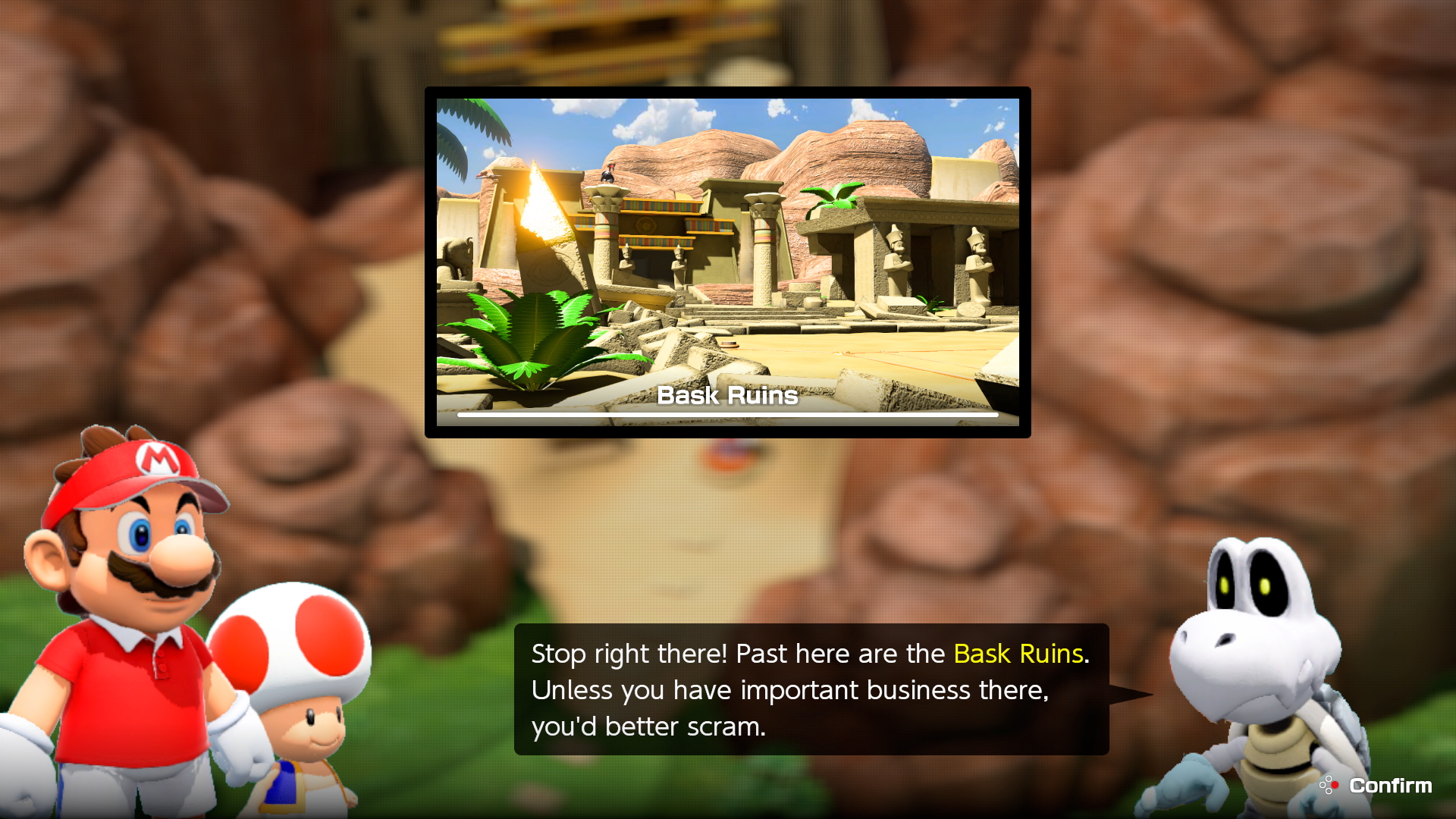 Dry Bones interrupts Mario and Toad by telling them to stop at the Bask Ruins